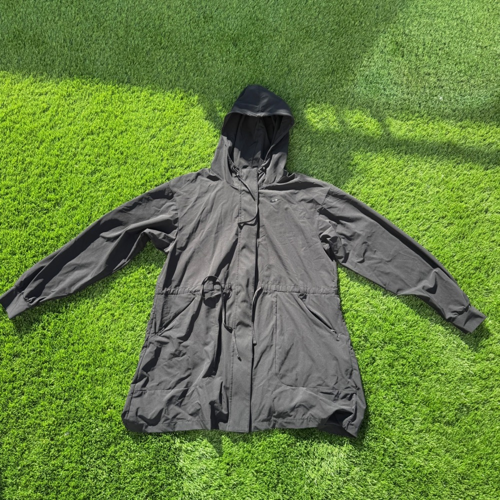 Nike Womens XS Longline Hooded Jacket Black Stretch Zip Drawstring Coat